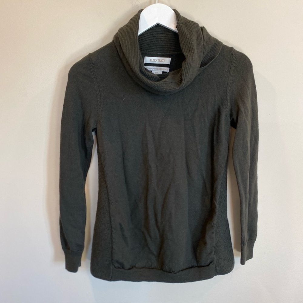 Ellen Tracy 100% Extra Fine Merino Wool Cowl Neck Sweater Green Small